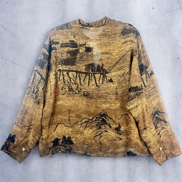 VTG Chico's Brown Sheer Button Down Shirt with Artistic Japanese Prints Large - Picture 2 of 10